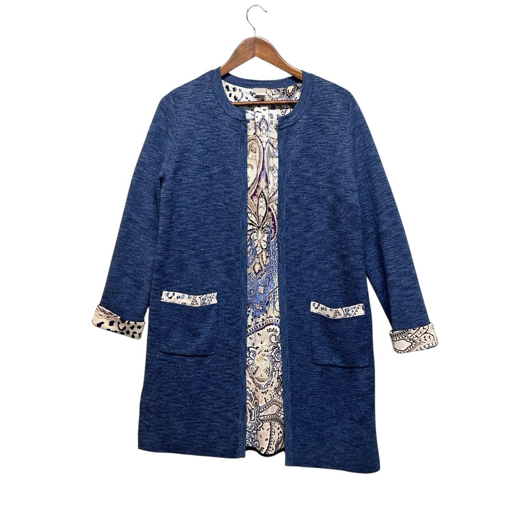 Chico's Open Front Long Line Cardigan Womens Size 1 M Duster Pockets Paisley Blu
